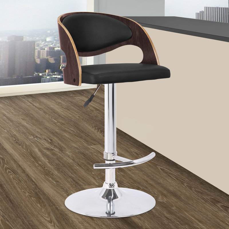 Chaffins Swivel Adjustable Height Barstool in Faux Leather, Chrome Base, Walnut Veneer, Black Faux Leather