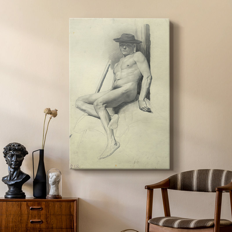 Nu masculin assis avec un chapeau - toile tendue par Gustav Klimt, 18 x 27