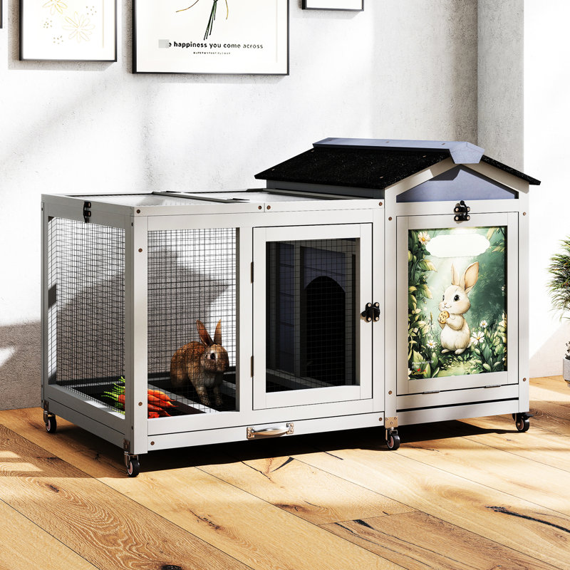 Maison pour petits animaux en bois de pin avec toit, plateau amovible et imprimé élégant à double face, renfort de fil galvanisé ouvert pour animaux gris spacieux, roulement doux, motifs colorés