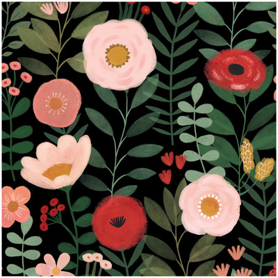  Peel and Stick Wallpaper Floral Boho Bathroom Wall Paper Removable Renter Friendly Black/Pink/Red Contact Paper 17.3in x 32.8ft