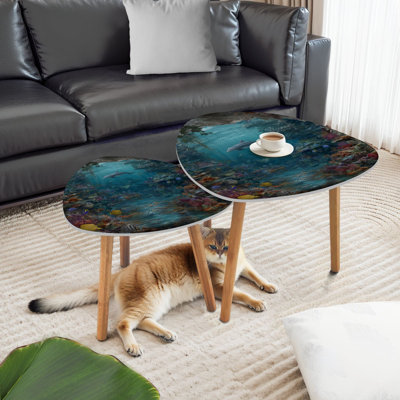 Triangle Nesting Coffee Table Set of 2 Underwater fish Aquarium End Table Modern Minimalist Side Table Set for Living Room Bedroom