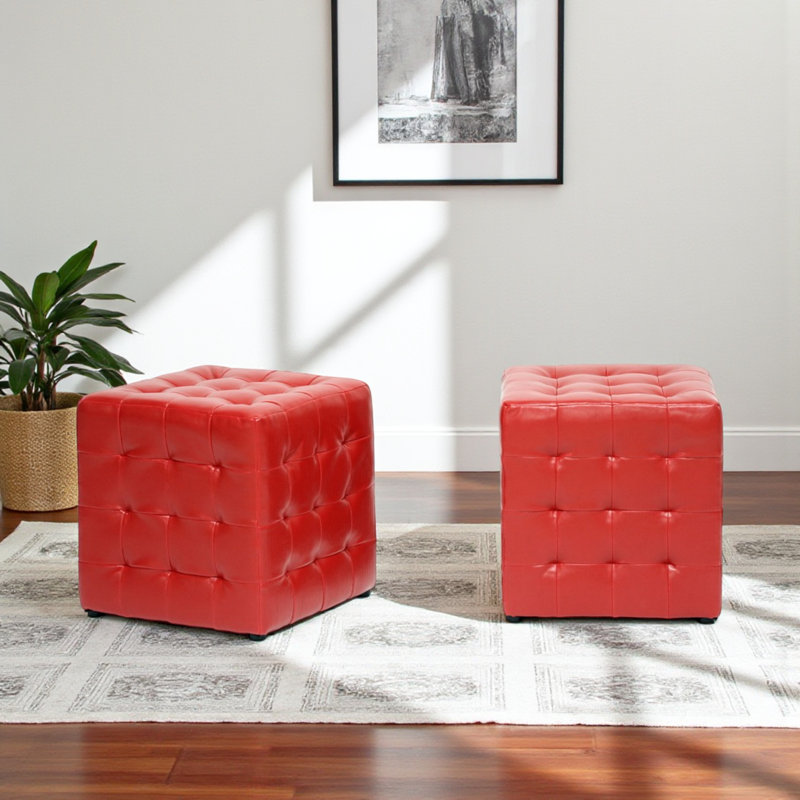 Bijou Set of 2 Cube Ottomans with Faux Leather Upholstered in Red, 14.6" H X 14" W X 14" D, Red