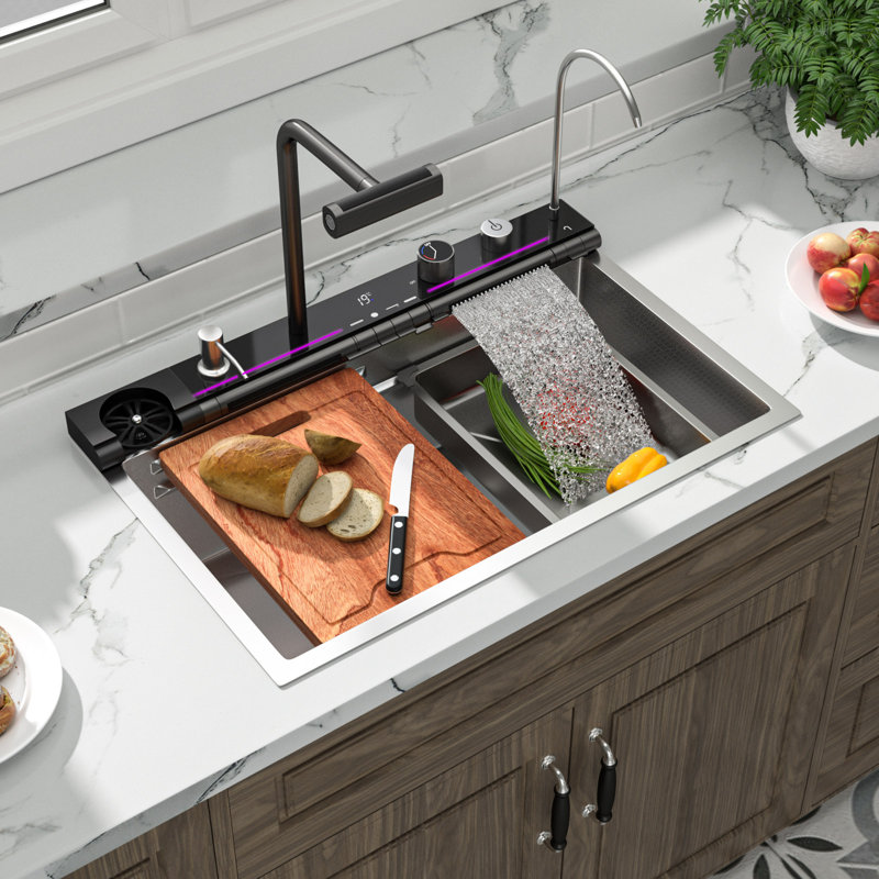 30"L  x 19"W Drop-in Workstation Kitchen Sink Waterfall Stainless Steel Sink with Digital Display Waterfall Faucet