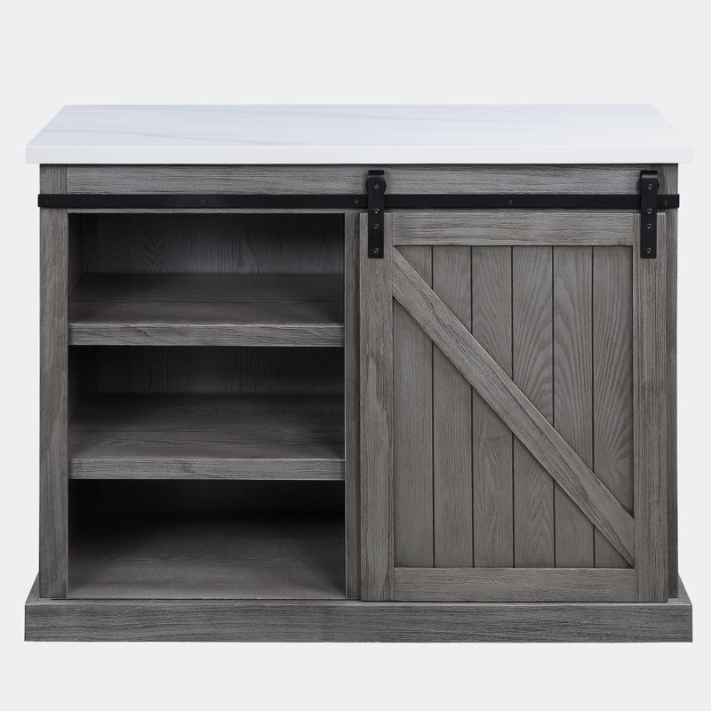 Gray Oak Kitchen Island with White Marble Top and Sliding Barn Door