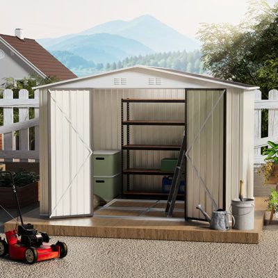 Rangement extérieur 10 pi x 8 pi blanc crème, abri de jardin avec cadre en alliage d'aluminium, porte à charnière et fondation pour grande remise pour outils, porte blanche, circulation d'air
