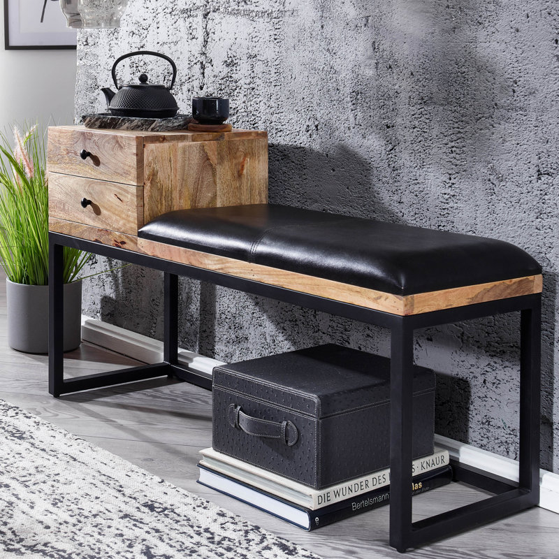 Retiro Genuine Leather Upholstered Storage Bench, Black