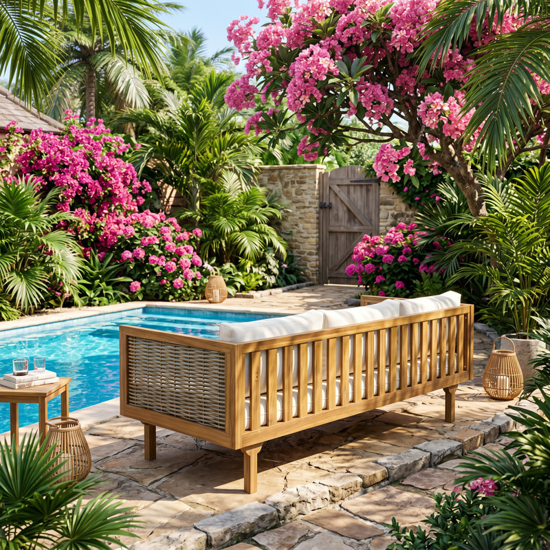Claremont 67.5" W x 32" D x 24.25" H Acacia Wood and Rattan Daybed