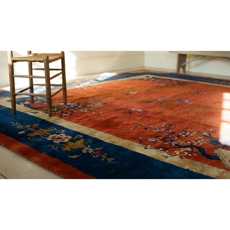 Antique Wool Blue Red / Rust Hand Knotted Pile Rug