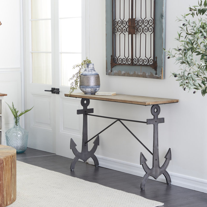Addeson Black Metal Anchor Console Table with Brown Wood Top 48" x 15" x 31"