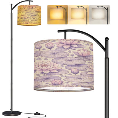  Arc Floor Lamp Abstract water lily Floral lotus flowers botanical Tall Modern Standing Lamp LED Adjustable Linen Lampshade 3 Color Temperatures