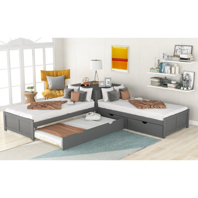 Lit plateforme en L avec tiroirs, lit gigogne, simple, gris - Bureau intégré pour une fonctionnalité améliorée
