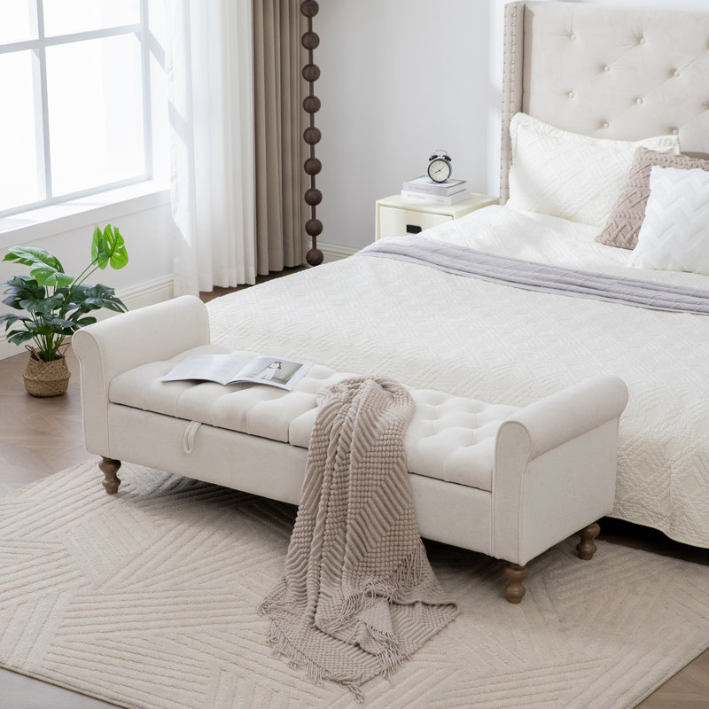 Banc rembourré avec rangement rabattable et accoudoirs, Beige