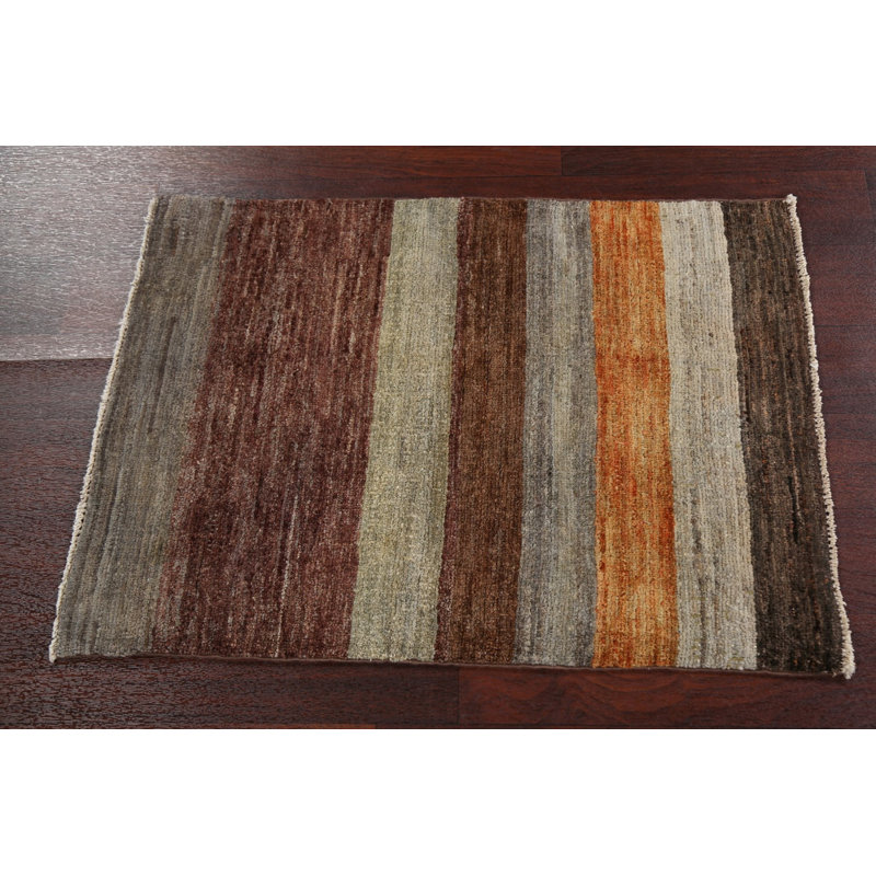 Tapis beige / gris en laine noué à la main de conception unique 2 pi 2 po x 3 pi New Age