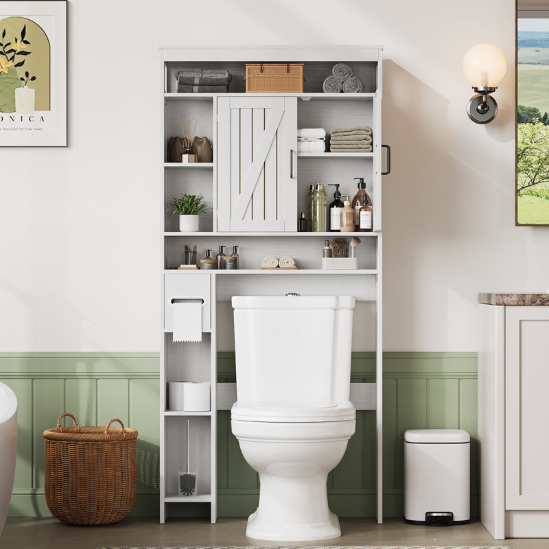 Over The Toilet Storage Cabinet With 2 Barn Door, 6 Shelves & Toilet Paper Holder Stand, White