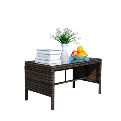 Patio Furniture Coffee Table - Brown , Clear Tempered Glass, 180 Lbs Load Capacity Outdoor With Glass Water , Beige Cushion, 17.5X30.73