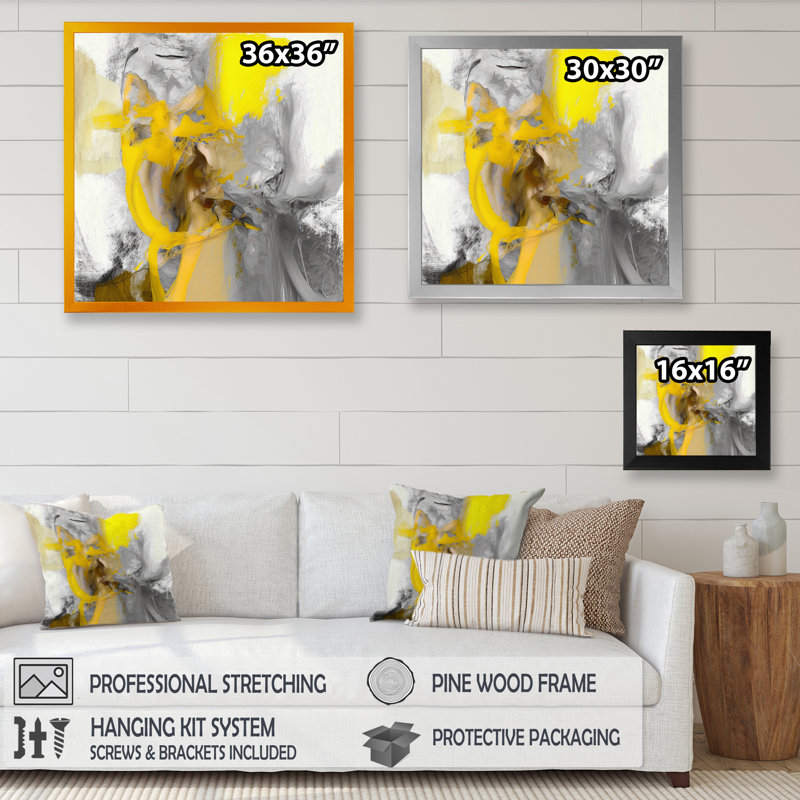 Moutarde jaune et gris vif I - décoration murale abstraite, H 24 po x l 24 po, Toile avec cadre photo, Noir