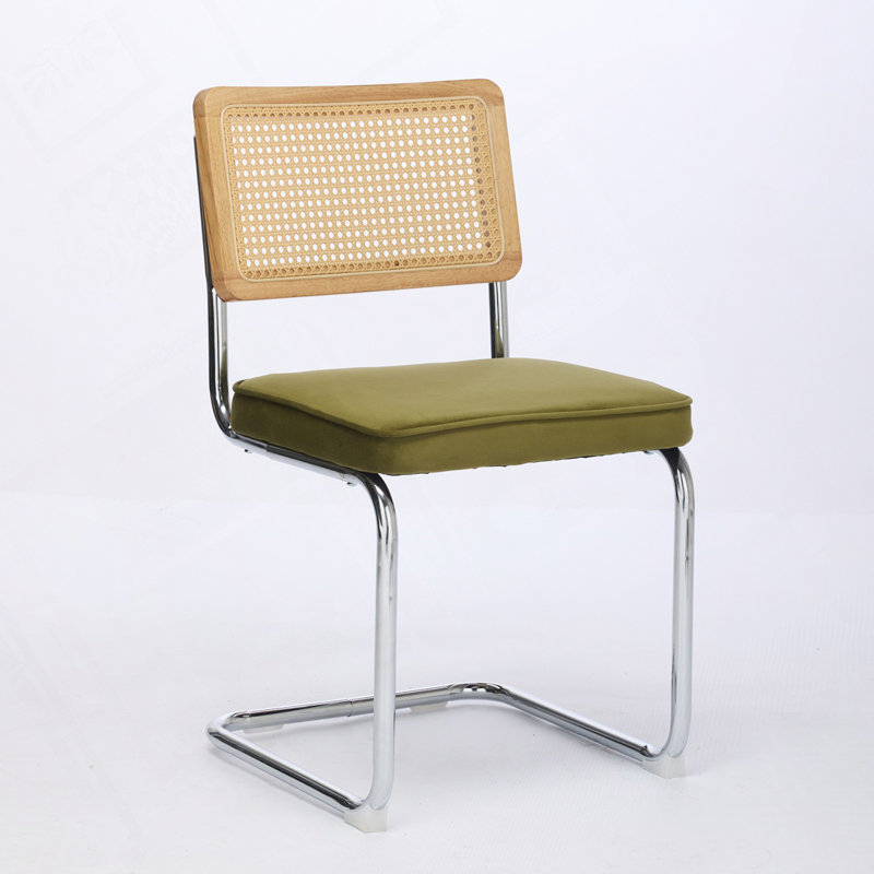 Dining Chairs with Natural Cane Back & Stainless Chrome Base, Linen Black