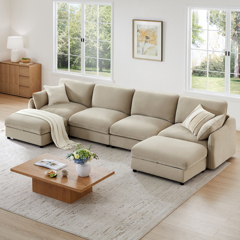 146" W 6 - Piece Modern Soft Upholstered Modular Sectional Sofa With 2 Ottomans, Khaki Polyester
