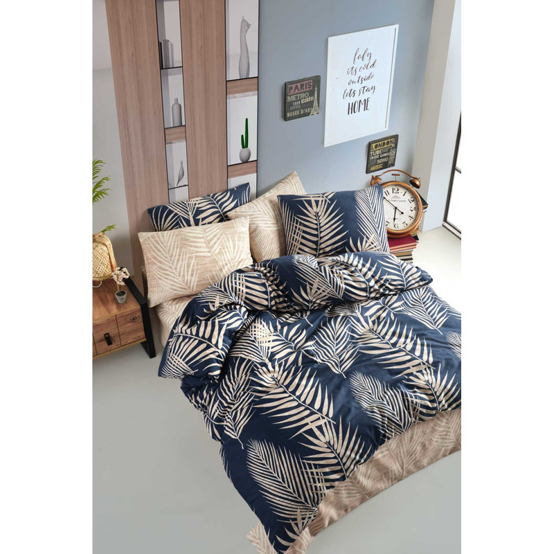 Ensemble de housse de couette 100% coton Crux, Housse de couette double + 2 taies d'oreiller 31 p, Bleu marine / beige