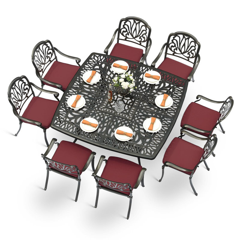 9-Piece Outdoor Furniture Dining Set For 8, All Weather Cast Aluminum Patio Dining Set- Large 64" Square Table With Umbrella Hole And 8 Cushioned Chairs, Patio Table And Chairs Set