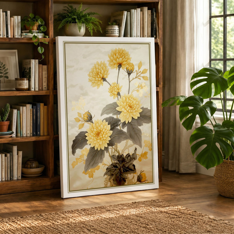 Chrysanthemum Study Botanical - Wrapped Canvas, 30x20 - 76.2 x 50.8 cm, Teal Border