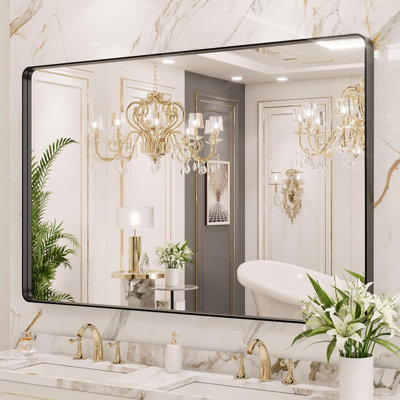 48X40 Inch Black Metal Framed Bathroom Mirror for Wall, Matte Black Bathroom Vanity Mirror Farmhouse, Large Rounded Rectangle Mirror, Anti-Rust, Tempered Glass, Hangs Horizontally or Vertically