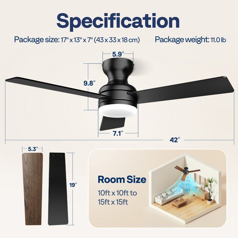 Ventilateur de plafond à profil bas de 42 pouces avec lumière DEL et télécommande, Noir, noir, noir, noir