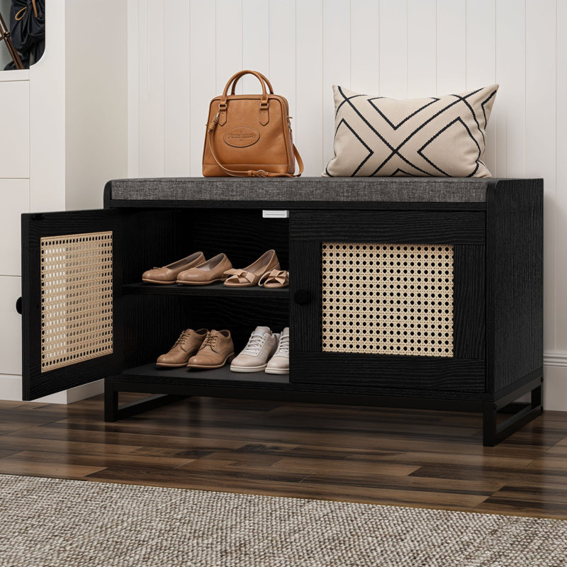 Modern Free-Standing Shoe Bench with Adjustable Shelves and Cushion