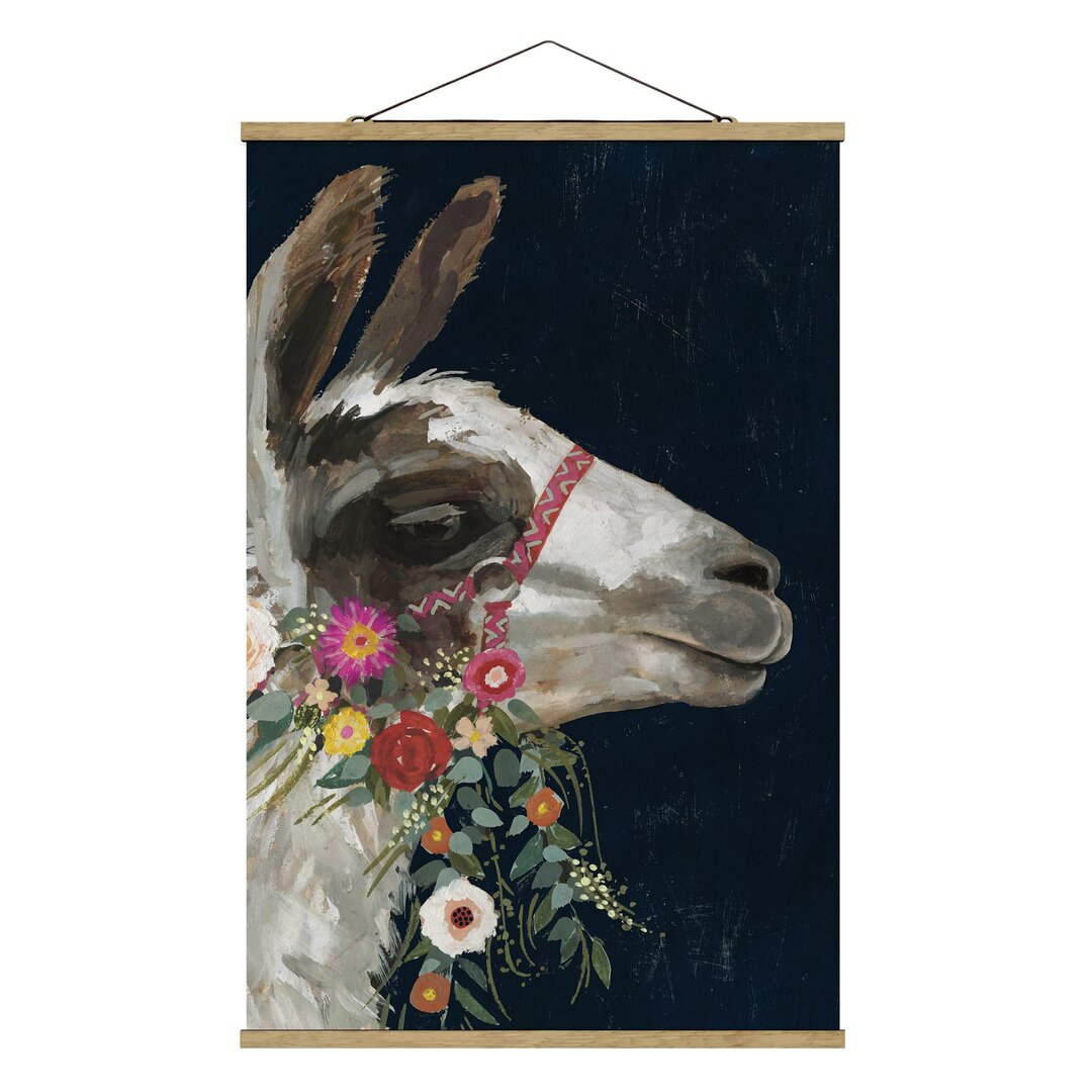 Stoffbild Lama mit Blumenschmuck I