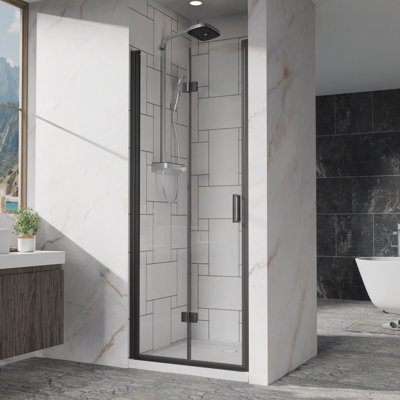 32"X 72" Frameless Glass Shower Door 1/4" (6Mm) Tempered Clear Glass Swing Shower Panel In Black Finish, Reversible Installation