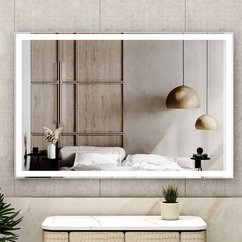 Miroir de salle de bain à DEL de 58,84 x 39,77 pouces, imperméable, cadre en aluminium, 3 versions de couleur, option d'installation Smart Touch