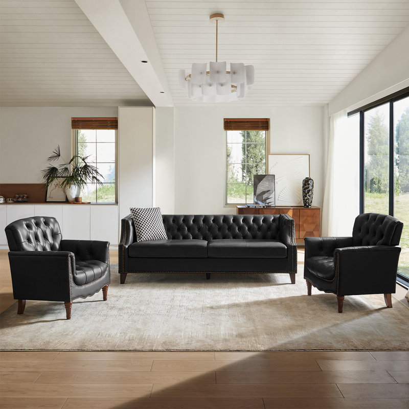 Ensemble de salon en cuir véritable transitionnel 3 pièces avec canapé et fauteuil décoratif Annja, Noir