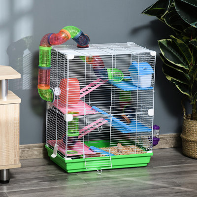 Cage à 5 niveaux pour petits animaux et hamster en métal de 18 pouces avec tubes, tunnels, poignée de transport portable, alimentation en eau, plat de nourriture, roue d'exercice, aire de circulation d'air confortable, assemblage requis