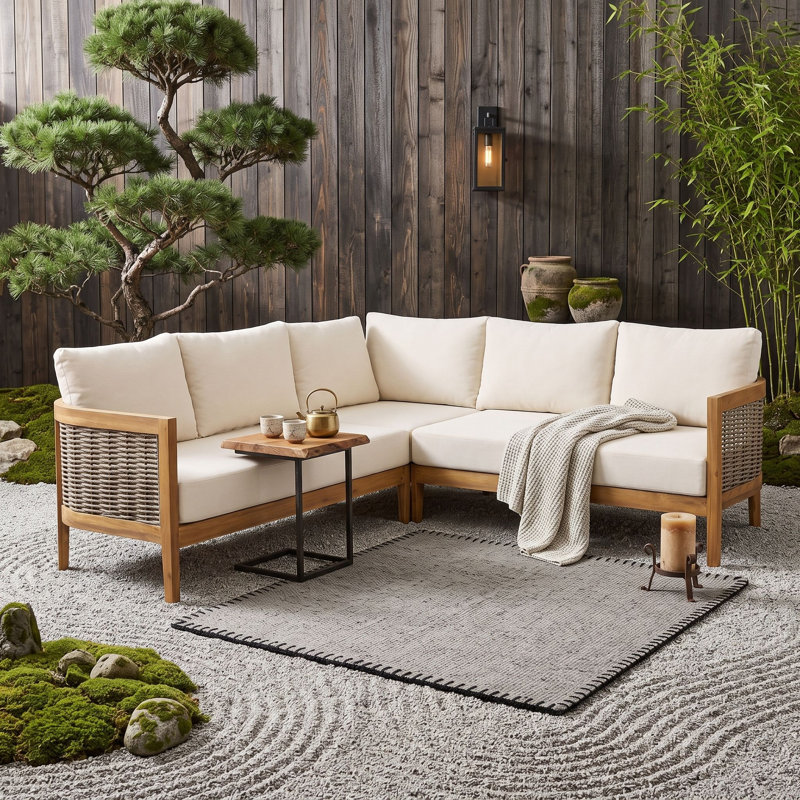 Ensemble de canapé modulaire d'extérieur en bois d'acacia 5 places avec coussins résistants à l'eau pour le patio, le jardin ou la cour