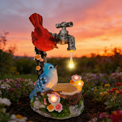 Solar Cardinal Bird Statue With Bird Feeder & Solar Light – 12" Resin Outdoor Waterproof Garden Decor, Hand-Painted Birdbath Figurine For Yard, Patio, Porch, Gift For Mom Grandma