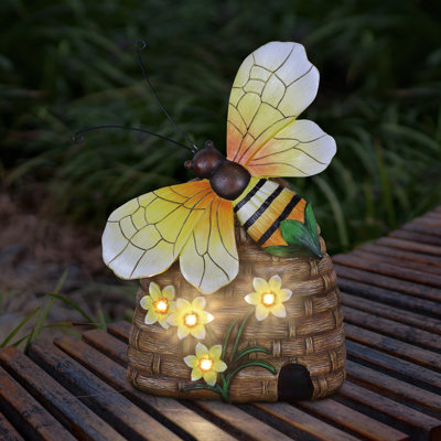 Exhart Solar Hand Painted Bee Hive Statuary With LED Flowers, 9 By 12.5 Inch