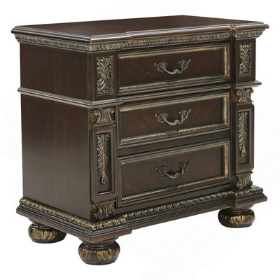 Finition cerisier foncé de conception avec table de chevet dorée 1 pièce de 3 tiroirs de style chambre à coucher
