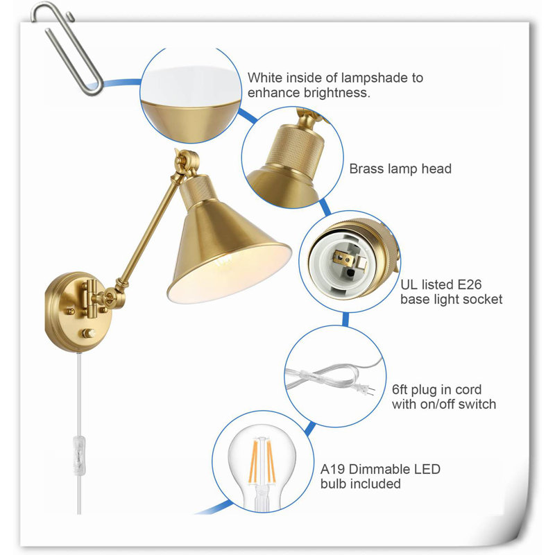 Tashania Brass LED Plug-in Swing Arm Sconce, Gold