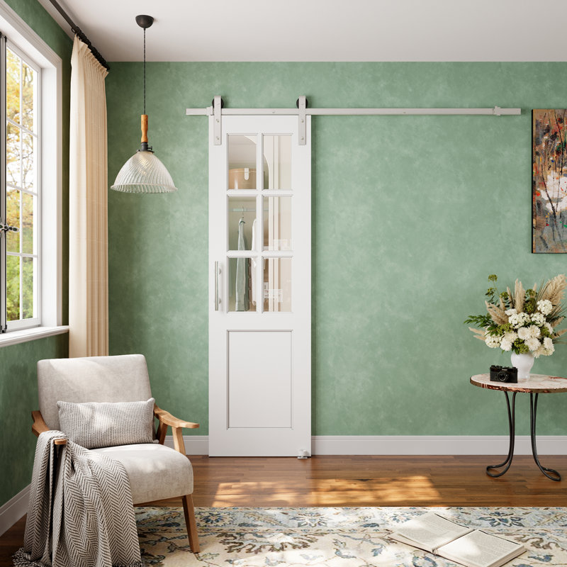 Porte de grange coulissante en verre transparent avec apprêt blanc moderne 6-Lite avec trousse de quincaillerie d'installation nickelée (aucun assemblage requis)