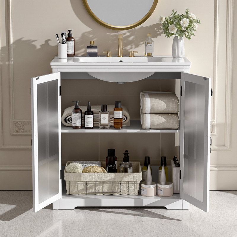 Meuble-lavabo moderne 30 po - Portes en verre trempé trempé, poignées noires mates et lavabo en céramique. Structure en bois d'hévéa, plateforme de robinet de 8 po