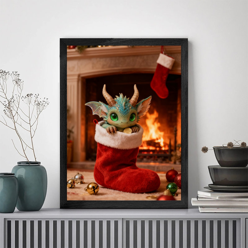 «Black Christmas Vintage», joli petit dragon, art mural, impressions de style rétro, H 25 po x l 17 po