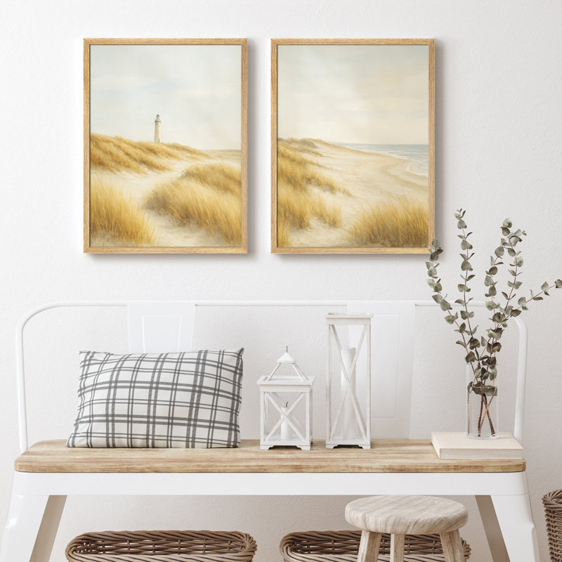 Ensemble d'art mural paysage côtier phare dune - ensemble de 2 pièces encadrées de scène de plage tranquille pour décor de salon ou de chambre à coucher bord de mer