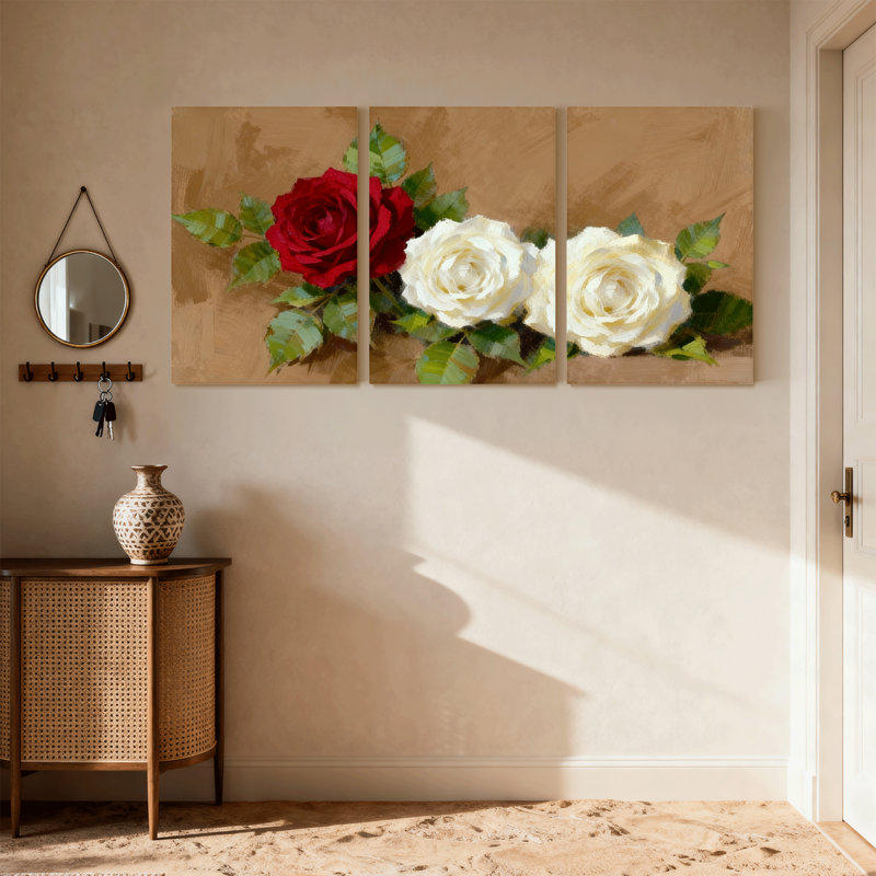 Rose, rose, roses blanches, feuilles vertes, fond brun, ensemble de 3 impressions sur toile, H 18 po x l 36 po