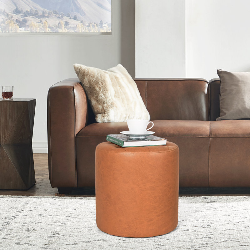 Rangi Tufted Round Standard Ottoman, Dark Orange 