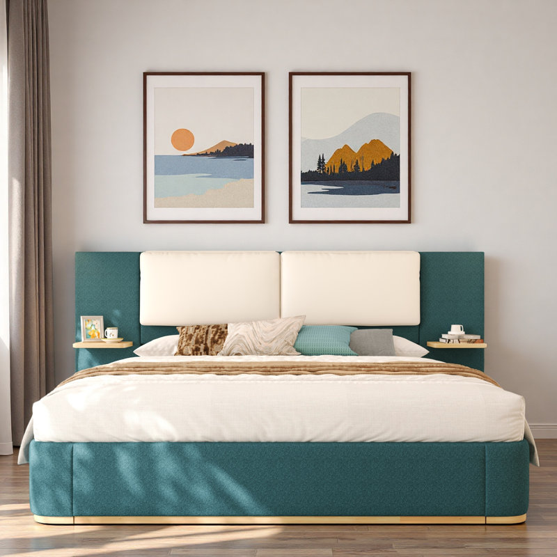 Lit plateforme tapissier avec tablettes, Grand lit, Vert