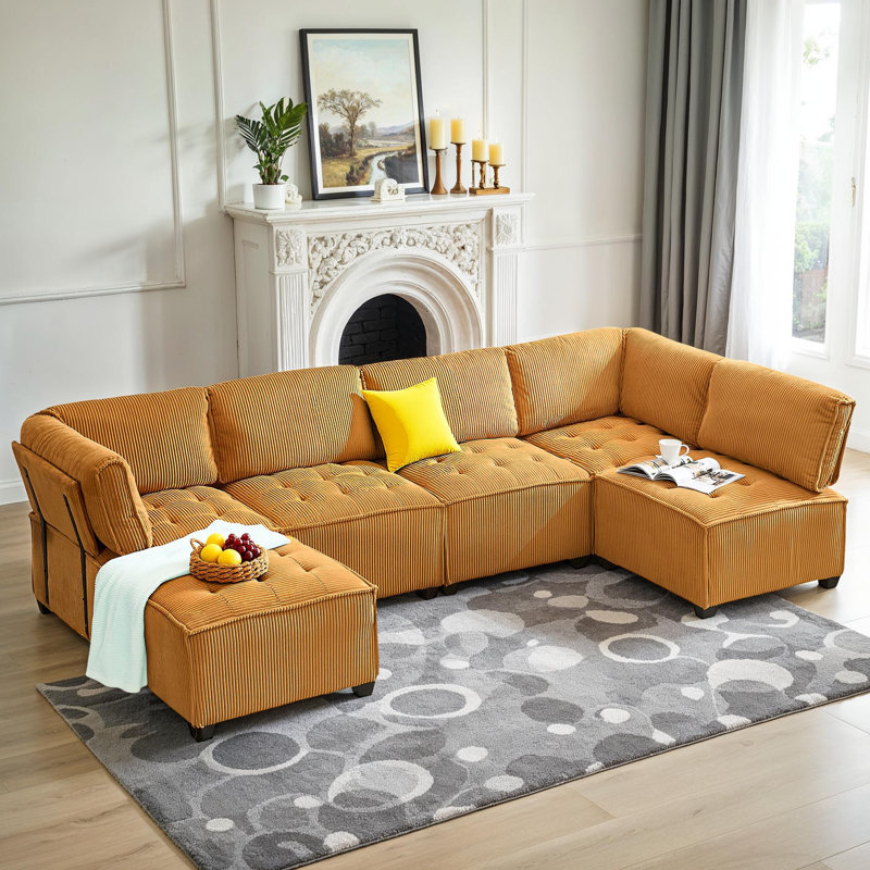 Canapé modulaire en U avec repose-pieds réversible, Velours côtelé jaune moutarde