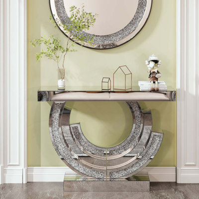 3C Shaped Crushed Diamond Hallway Table For Hotel Mirrored Centre Diamond Console Table For Living Room