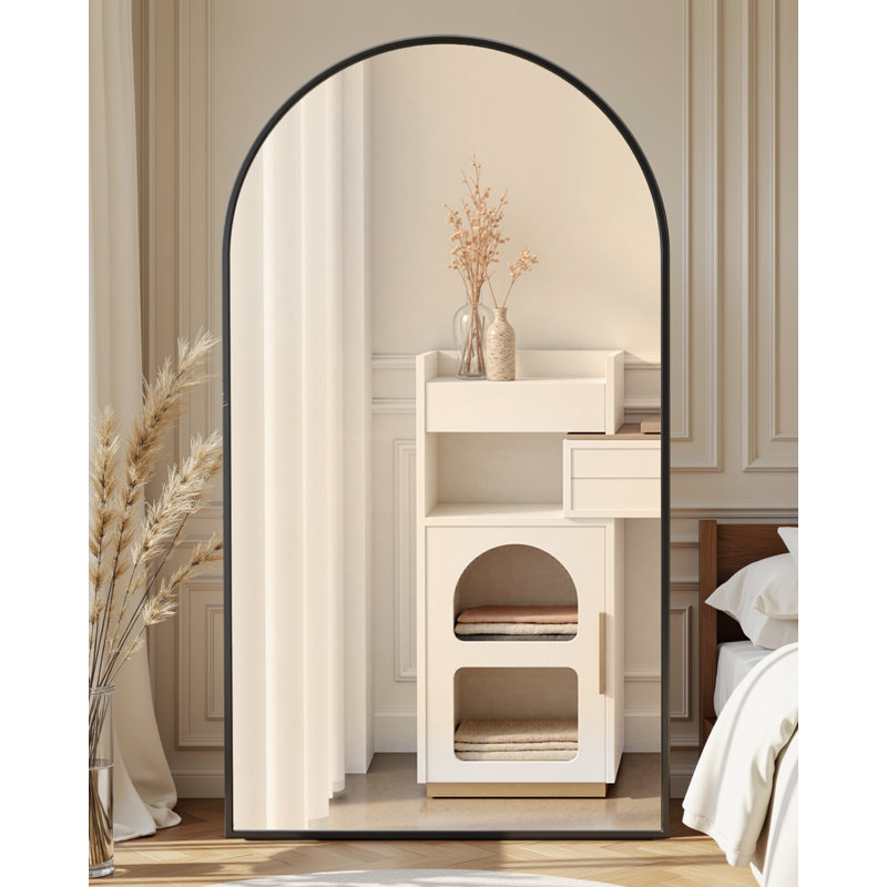 Arched Black Floor Mirror With Stand, 38x77 Inch Freestanding Full Body Mirror For Bedroom, Black, 72" x 44"