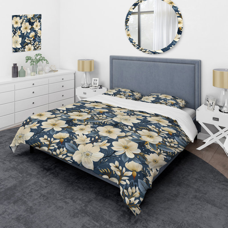 Ensemble de housse de couette beige et bleu à motif floral V, Housse de couette pour très grand lit et 2 très