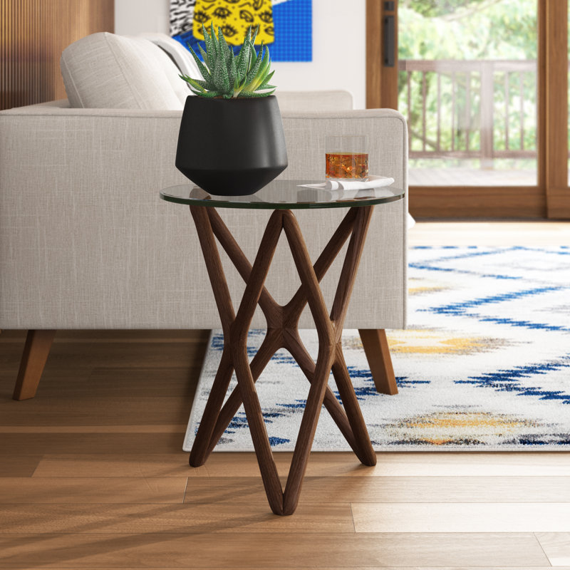Glass Cross Legs End Table, Walnut